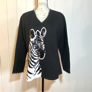 NWT Storybook Knits African Zebra Pullover Sequined Sweater Cardigan Large